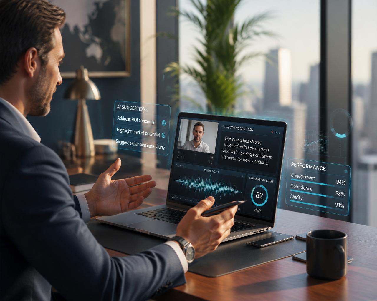Consultor em reunião comercial assistida pelo Hub AI Copilot Live